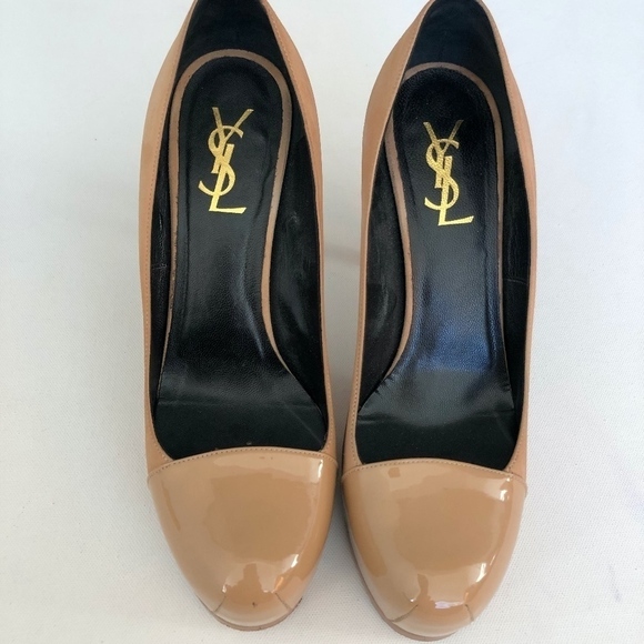 Yves Saint Laurent Tan Tribute Suede Patent Pumps - Picture 2 of 7